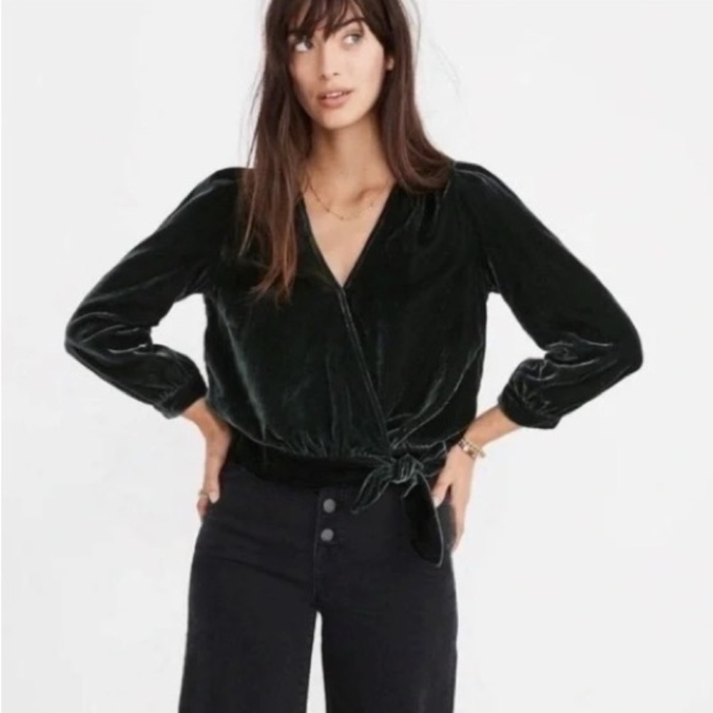 Madewell Velvet Dark Green Wrap Top with Tie Front and Long Sleeves